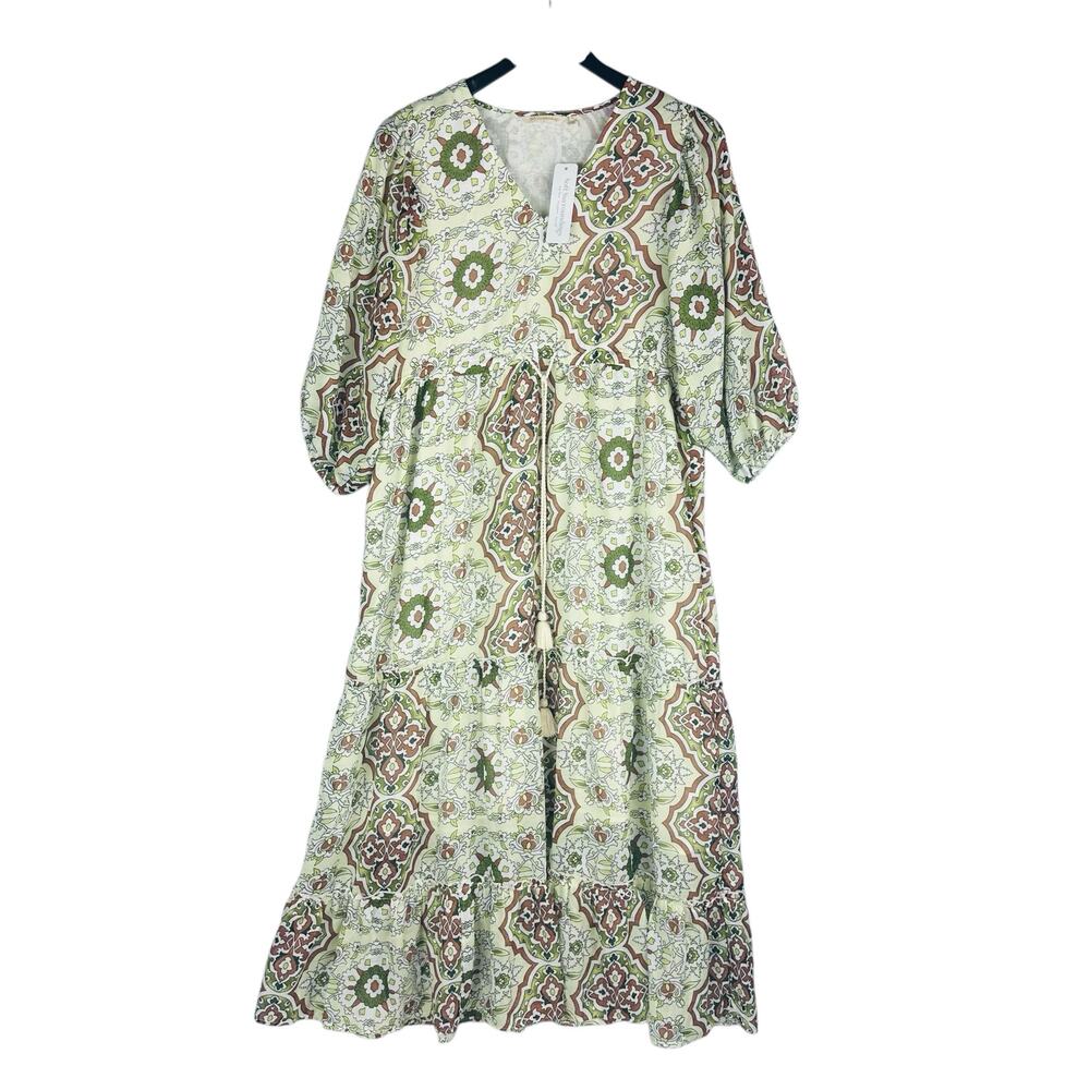 New Soft Surroundings Womans Large Zia Dress Tier Maxi Medallion Green NWT